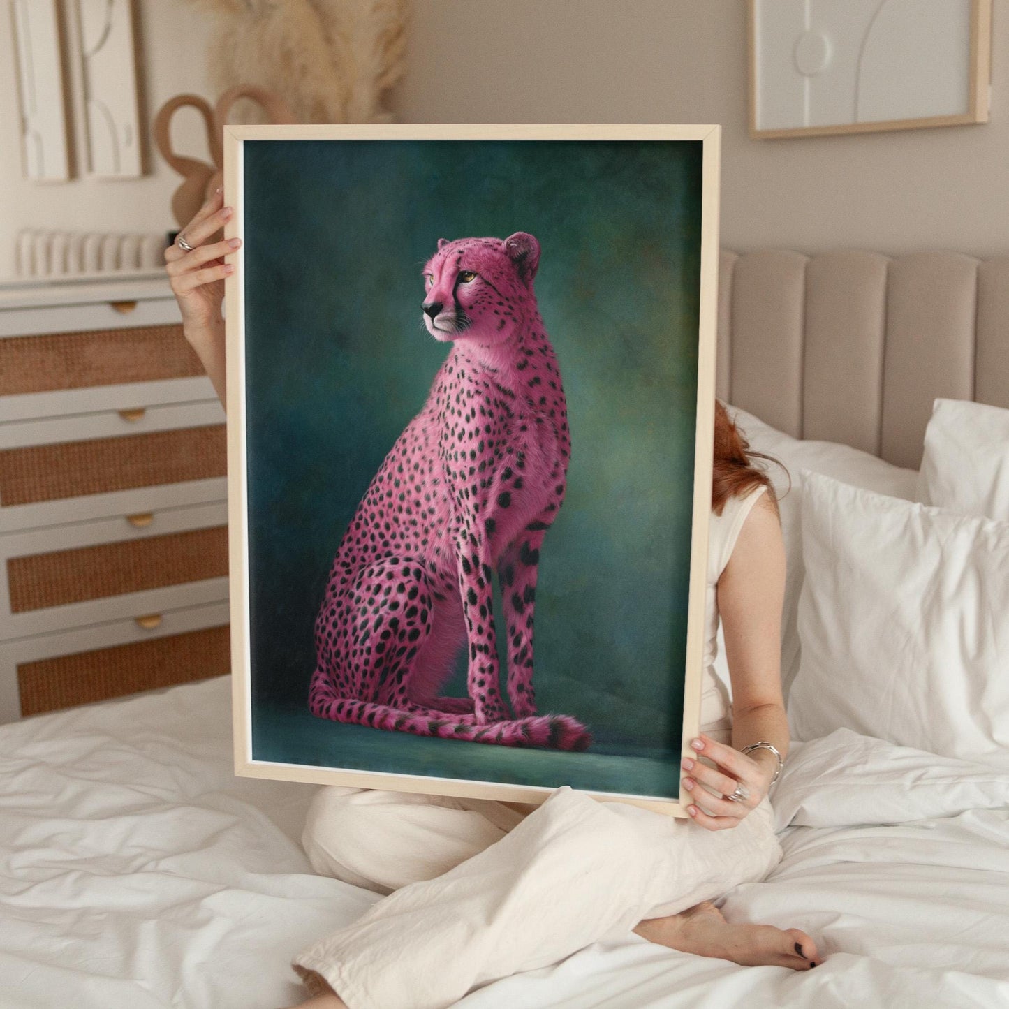Pink Cheetah Art Print - Emerald Green Wall Art | Maximalist Home Decor Canvas