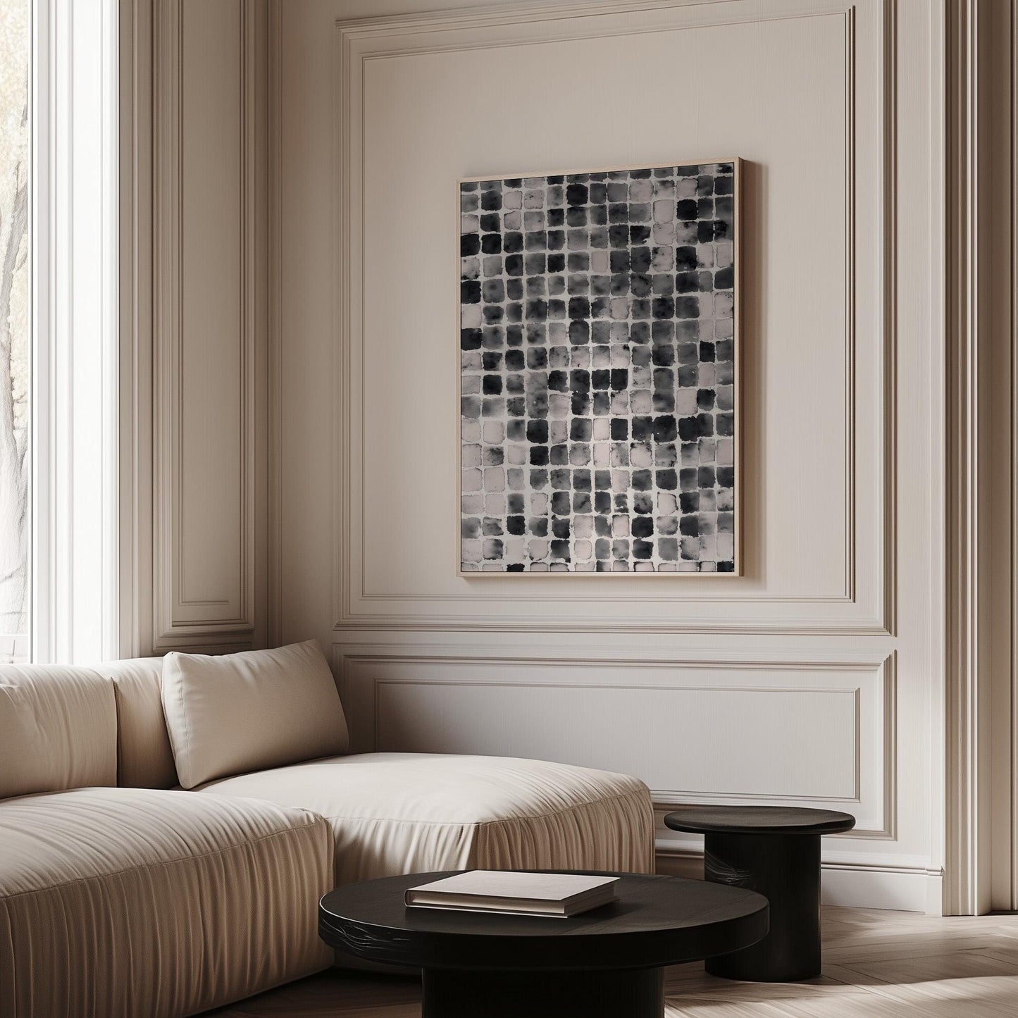 Black and White Grid Art Print, Minimalist Abstract Canvas, Modern Geometric Wall Art for Living Room or Office, Contemporary Decor