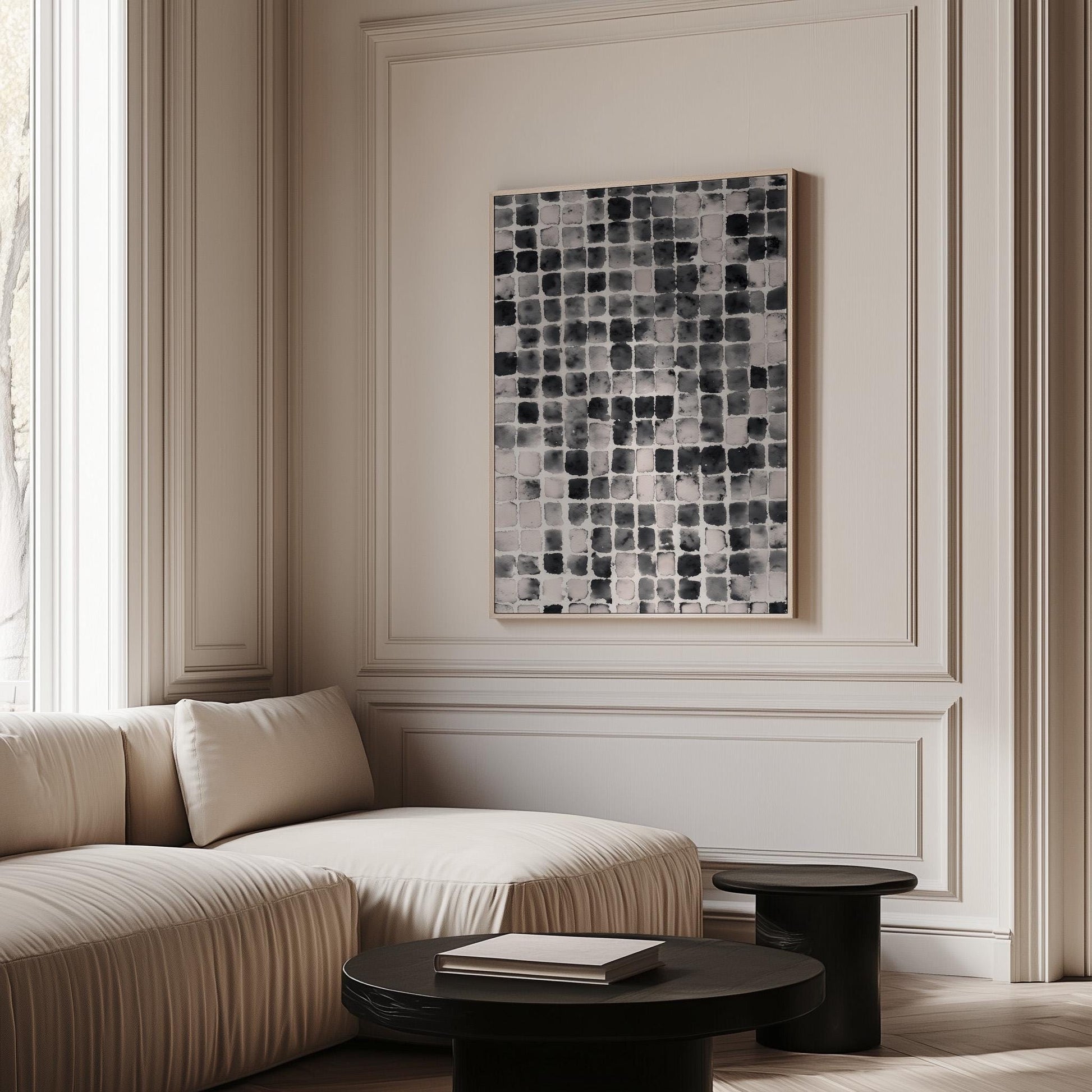 Black and White Grid Art Print, Minimalist Abstract Canvas, Modern Geometric Wall Art for Living Room or Office, Contemporary Decor