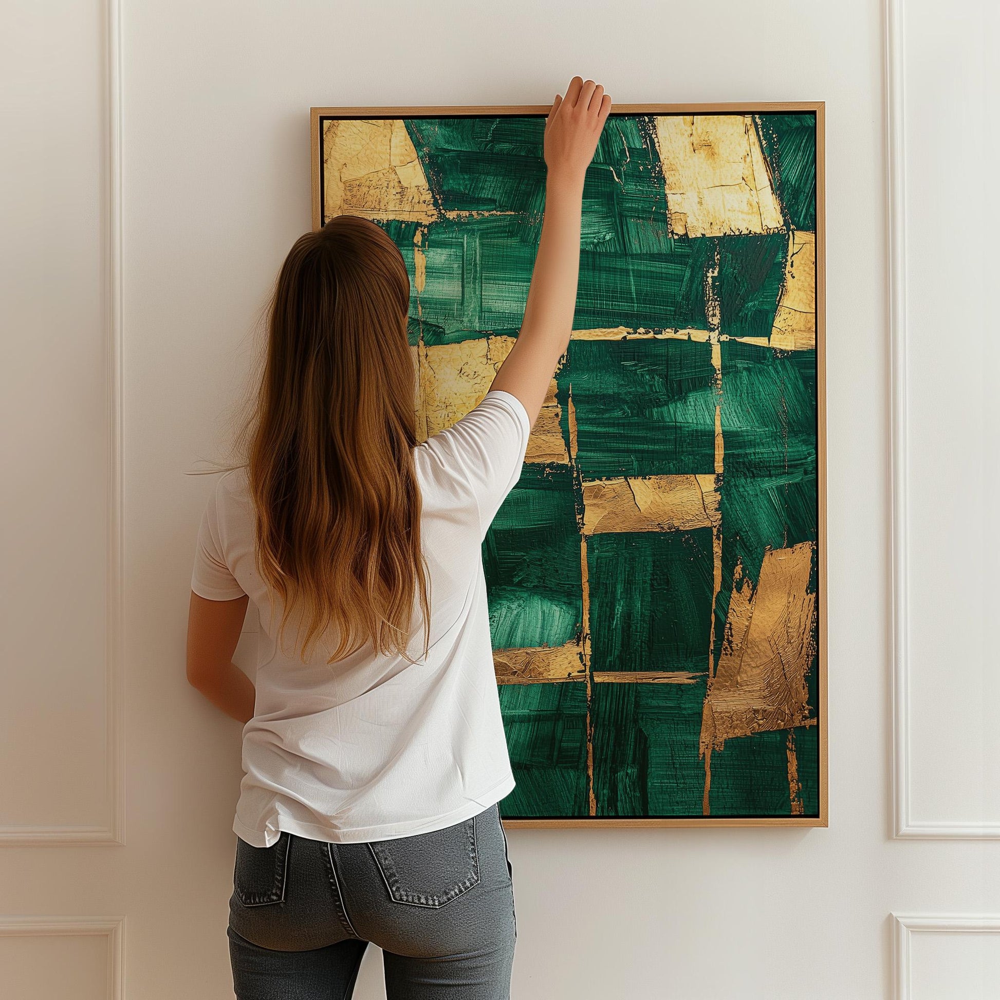 Emerald Green and Gold Abstract Canvas Print, Modern Giclée Wall Art for Dining Room or Elegant Living Space