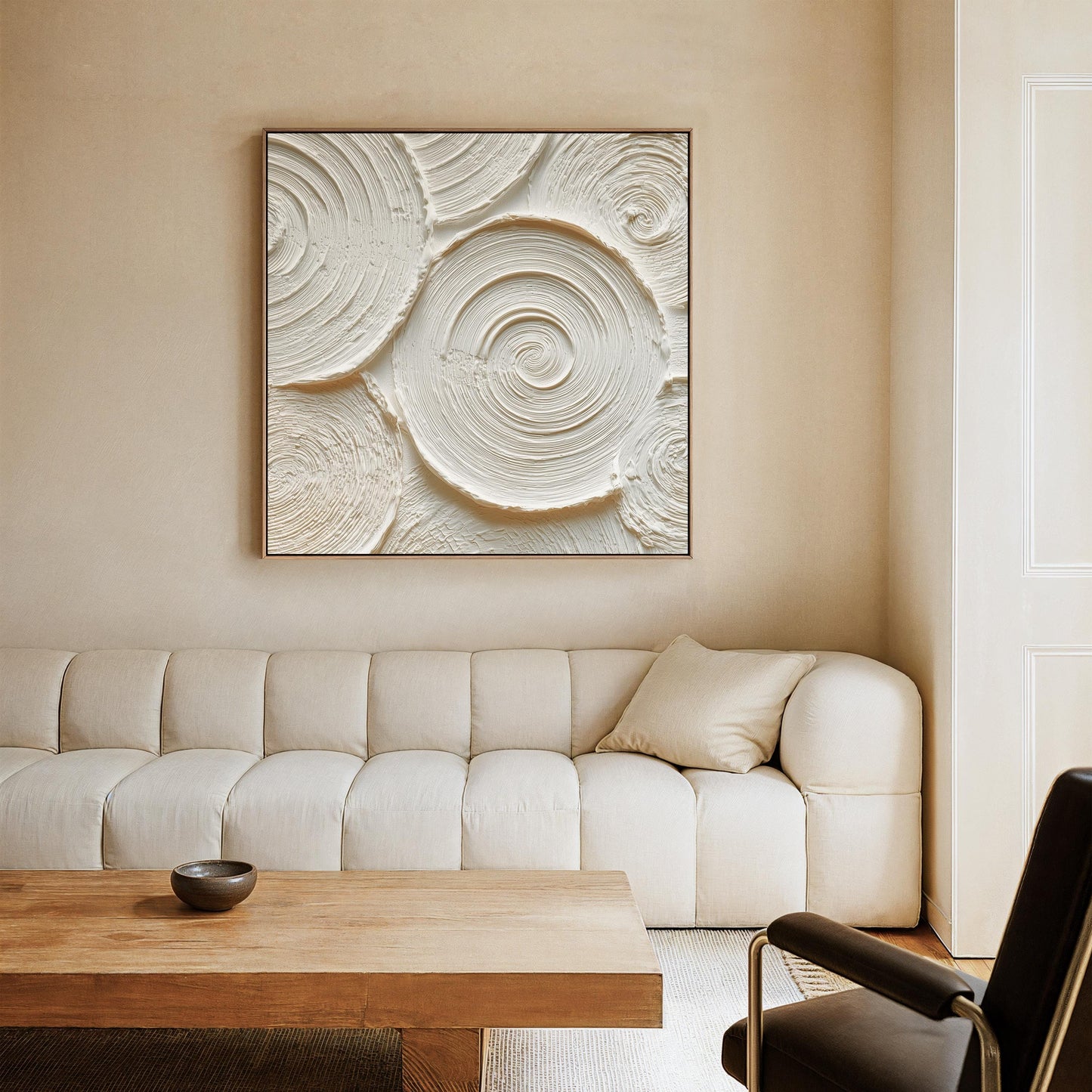 Textured Abstract Circle Canvas Wall Art: Neutral Beige Minimalist Painting, Large Square Modern Artwork for Living Room or Office