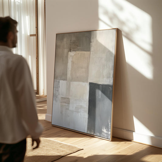 Beige and Grey Abstract Geometric Canvas Wall Art with Floating Frame Modern Neutral Painting for Living Room