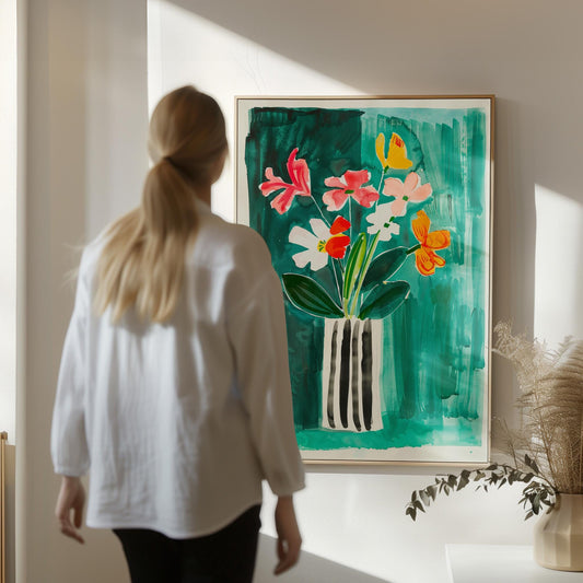 Floral Canvas Wall Art Colorful Bouquet of Flowers in Striped Vase on Green Background Framed Print