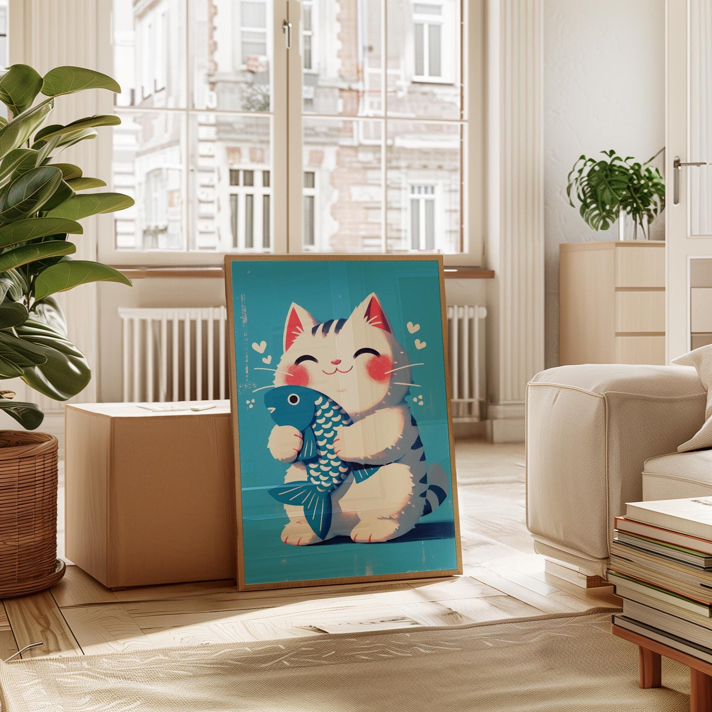 Maneki Neko Print – Japanese Lucky Cat Art With Blue Fish For Nursery Decor
