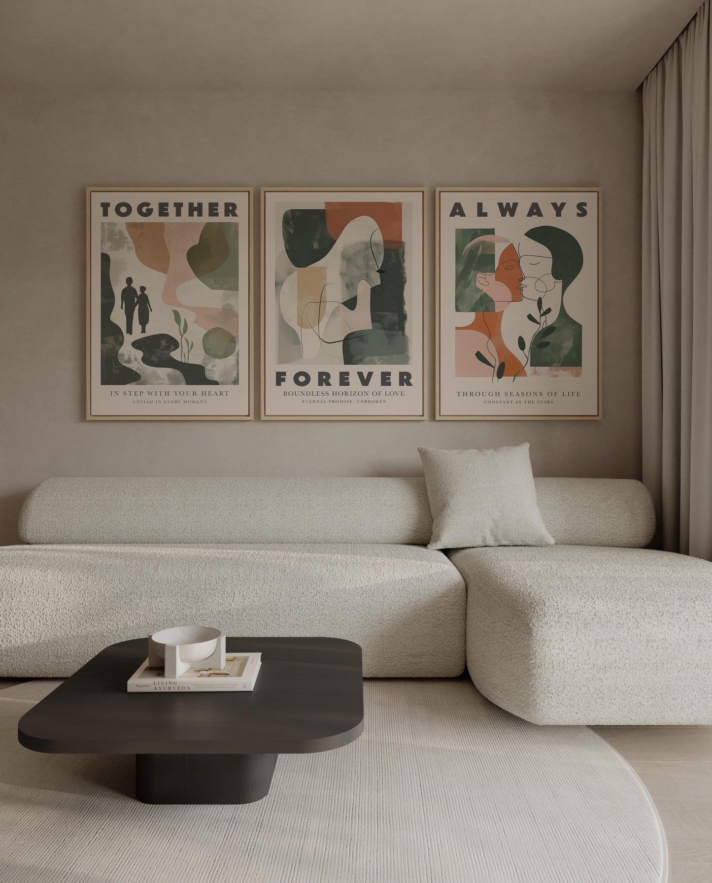 Couple Canvas Wall Art - Romantic Minimalist Art Prints | Set of Three Canvases with Floating Wood Frame