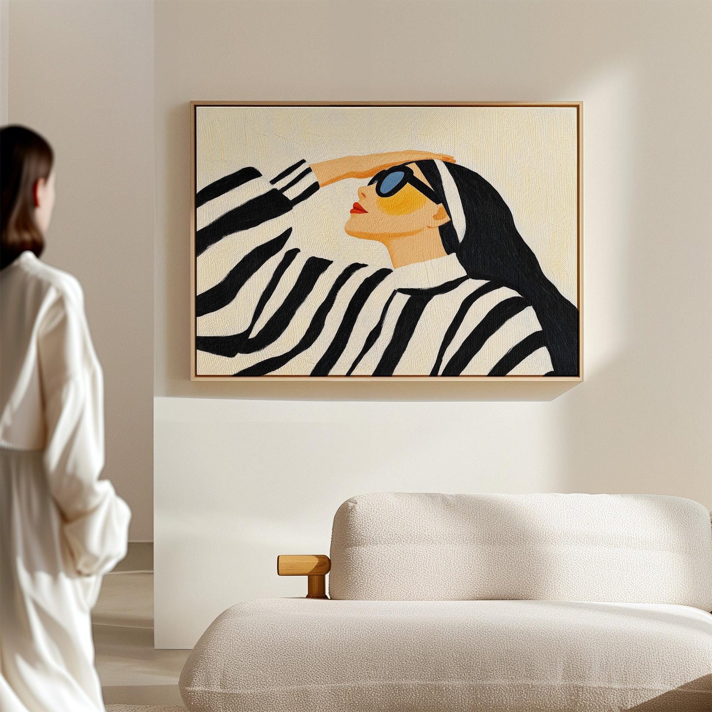 Stylish Woman in Striped Sweater Giclée Canvas Print Modern Fashion Wall Art for Living Room or Bedroom