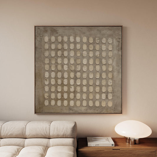 Neutral Geometric Canvas Wall Art, Minimalist Textured Pattern Painting, Modern Square Artwork for Living Room or Bedroom