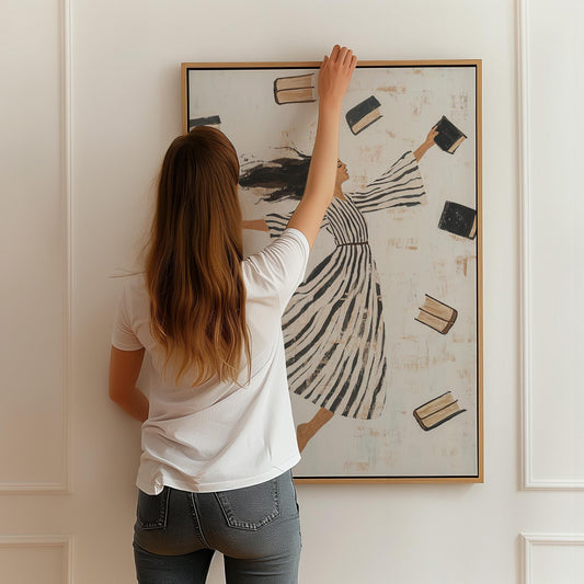 Whimsical Woman Reading Canvas Wall Art with Floating Frame Feminine Abstract Figurative Print for Living Room