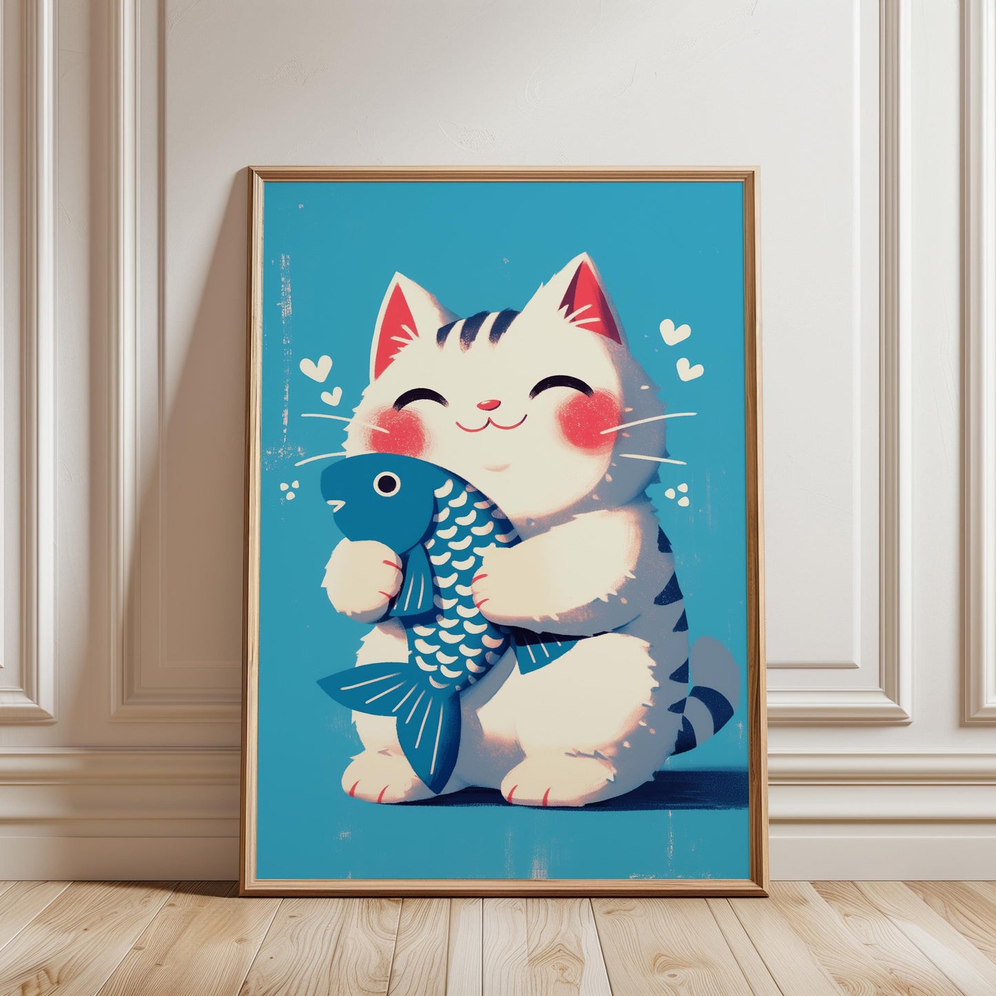 Maneki Neko Print – Japanese Lucky Cat Art With Blue Fish For Nursery Decor