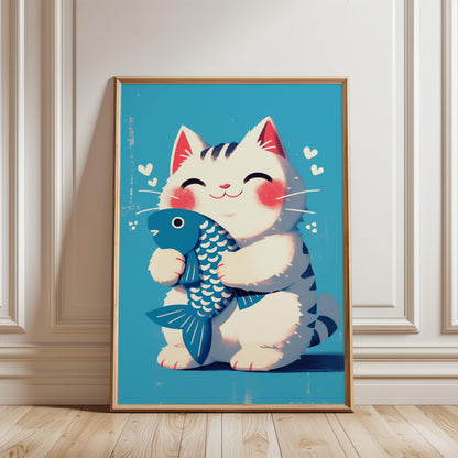 Maneki Neko Print – Japanese Lucky Cat Art With Blue Fish For Nursery Decor