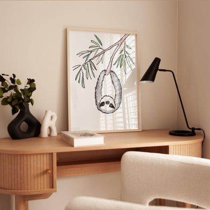 Sloth Watercolor Print – Nursery Wall Art with Eucalyptus Branch & Cute Animal Decor