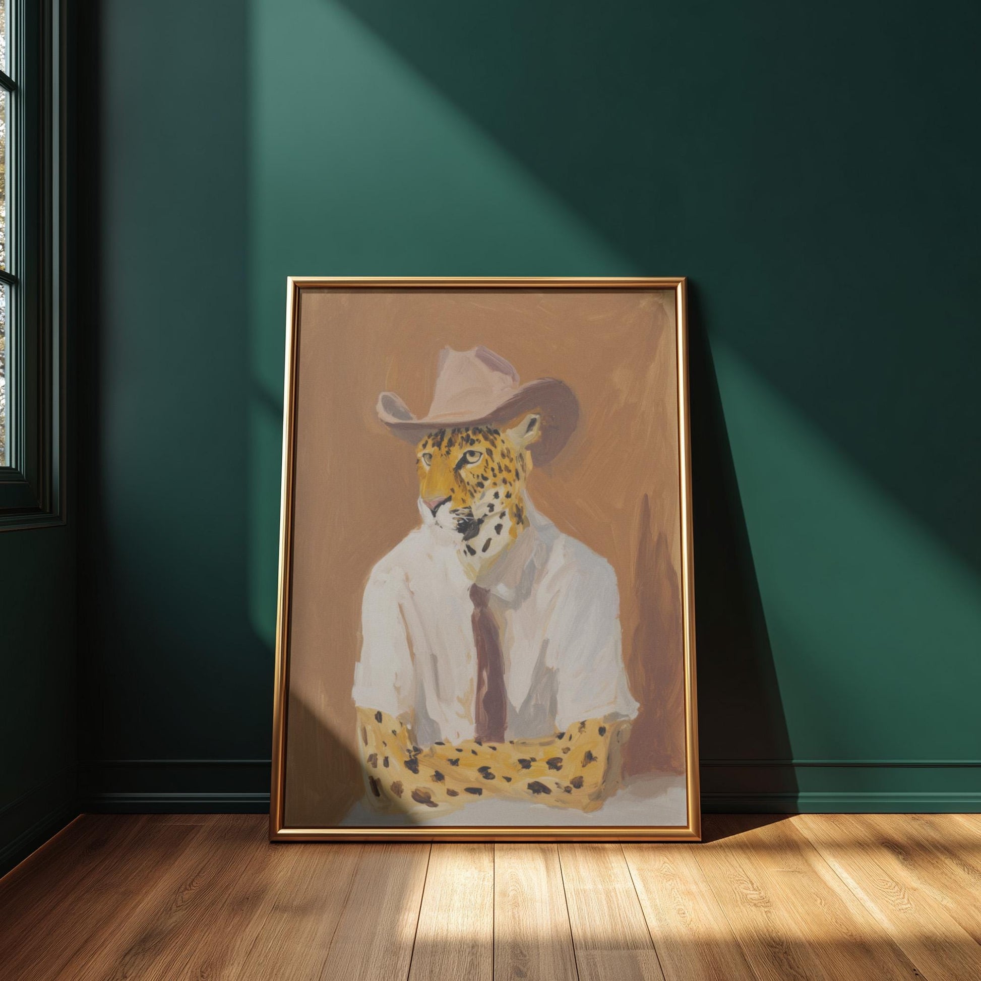 a painting of a leopard wearing a cowboy hat, sitting on a wooden floor against a green wall.