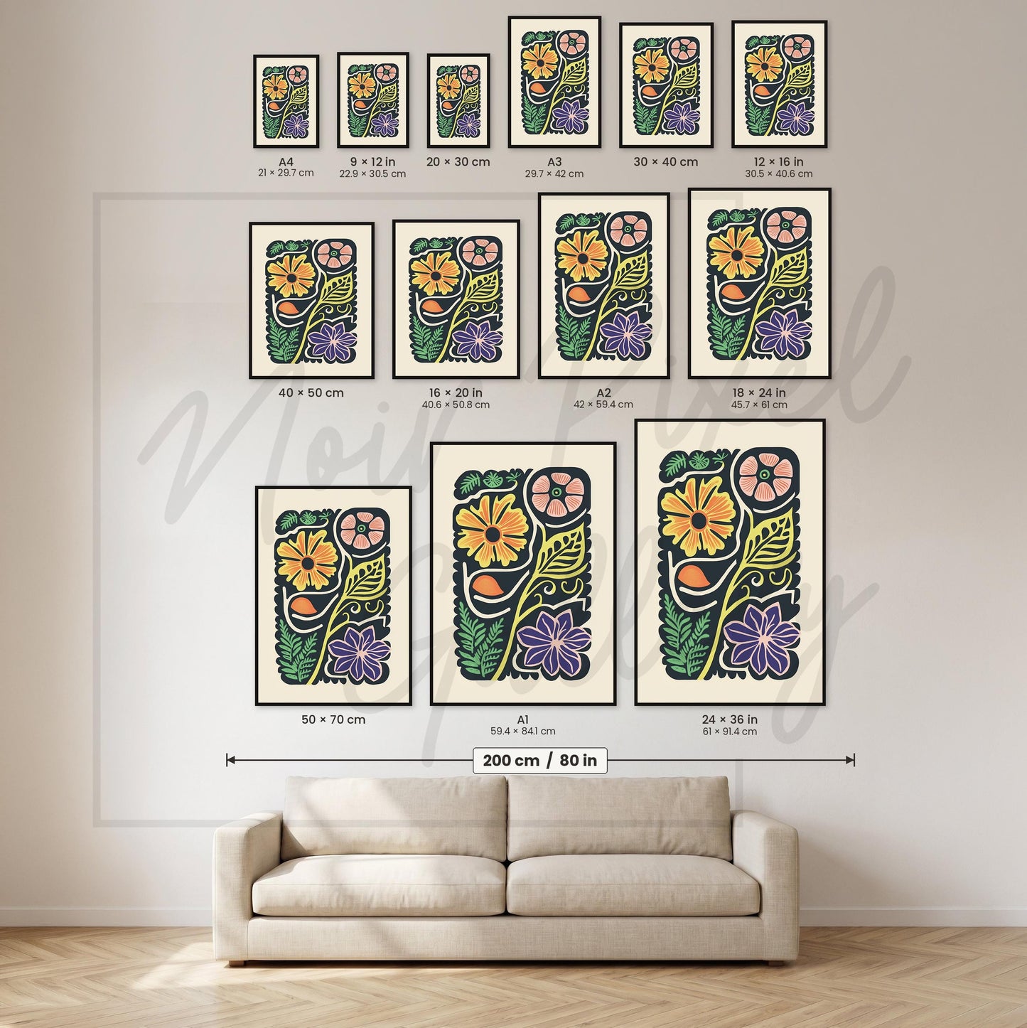 Folk Art Floral Poster – Retro Botanical Art Mid Century Print With Archival Ink