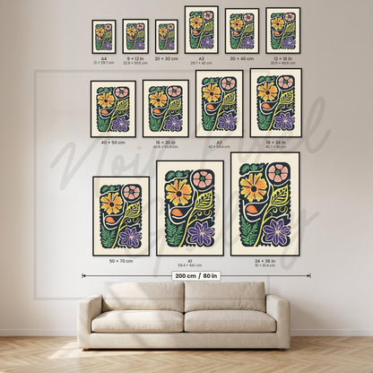 Folk Art Floral Poster – Retro Botanical Art Mid Century Print With Archival Ink