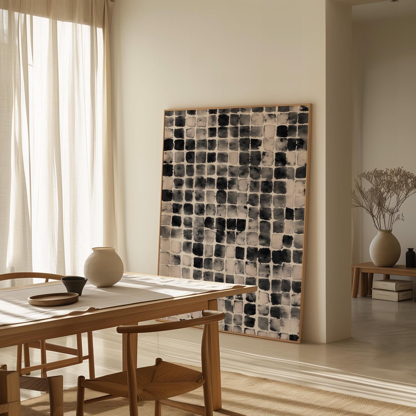 Black and White Grid Art Print, Minimalist Abstract Canvas, Modern Geometric Wall Art for Living Room or Office, Contemporary Decor