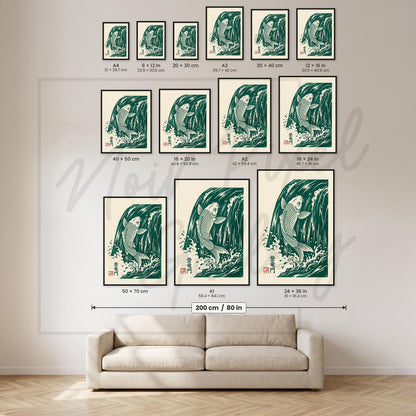 Japanese Koi Fish Print - Linocut Wall Art With Emerald Green Waves & Kanji