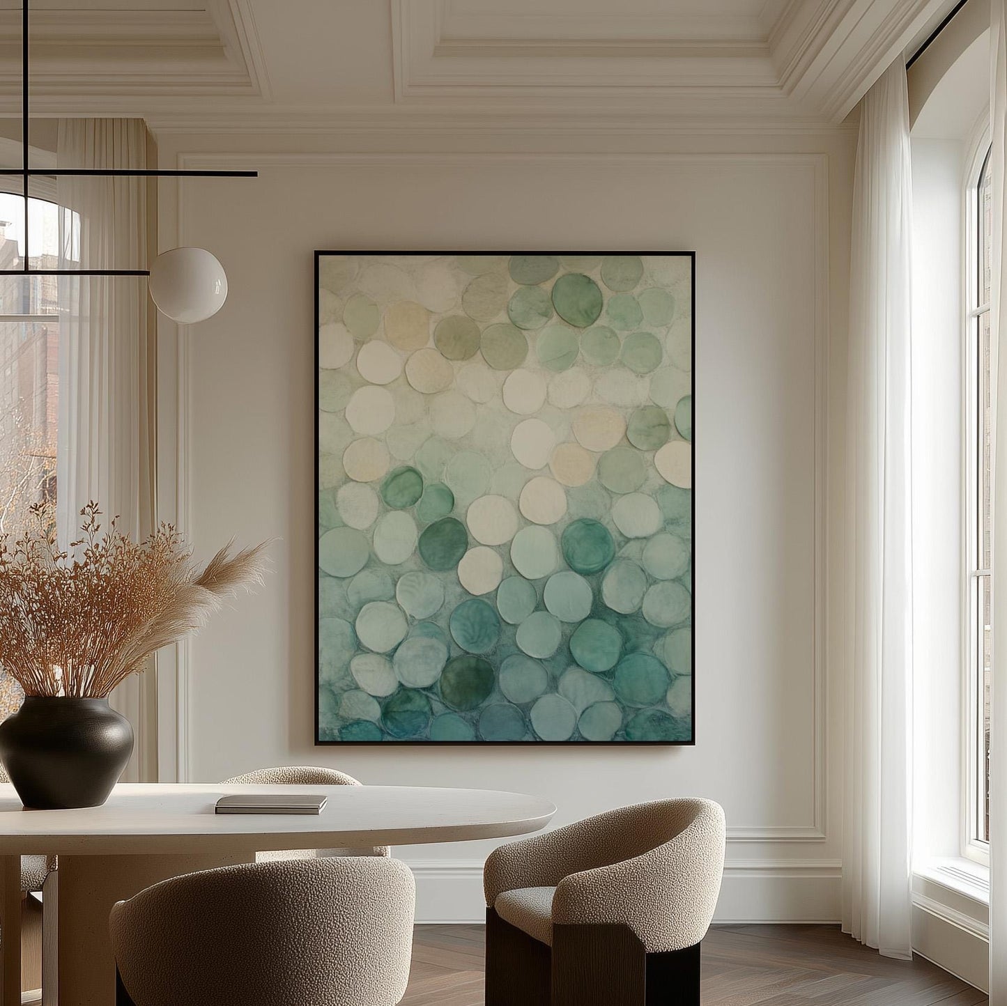 Abstract Circle Canvas - Japandi Wall Art With Green Beige Decor & Floating Wood Frame