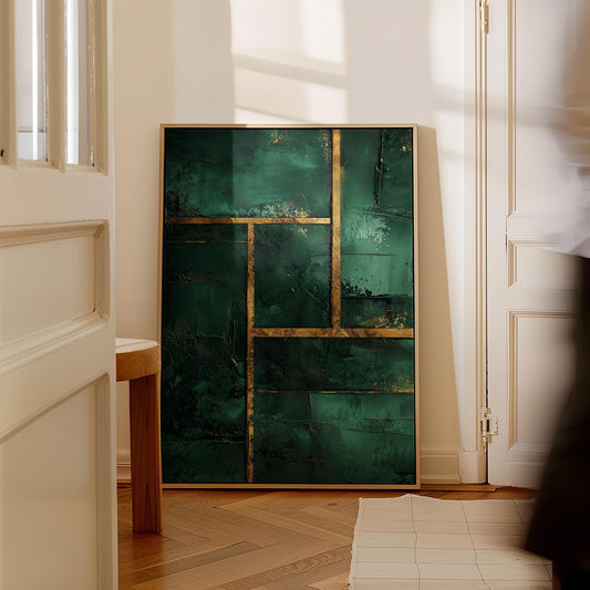 Emerald Green and Gold Geometric Giclée Canvas Print, Modern Abstract Textured Wall Art for Living Room or Office