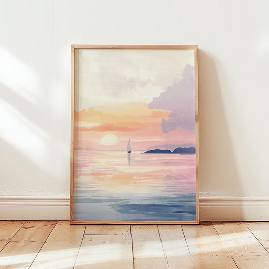Sunset Sailboat Print – Pastel Seascape Art | Unframed Giclée Wall Decor