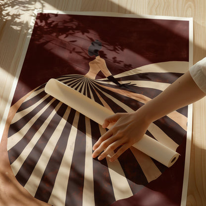 Brown and Beige Figurative Canvas Wall Art with Striped Dress Floating Frame Modern Feminine Print for Living Room