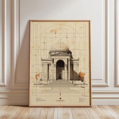 Neoclassical Dome Art – Architectural Print on Fine Art Paper, Sepia Design