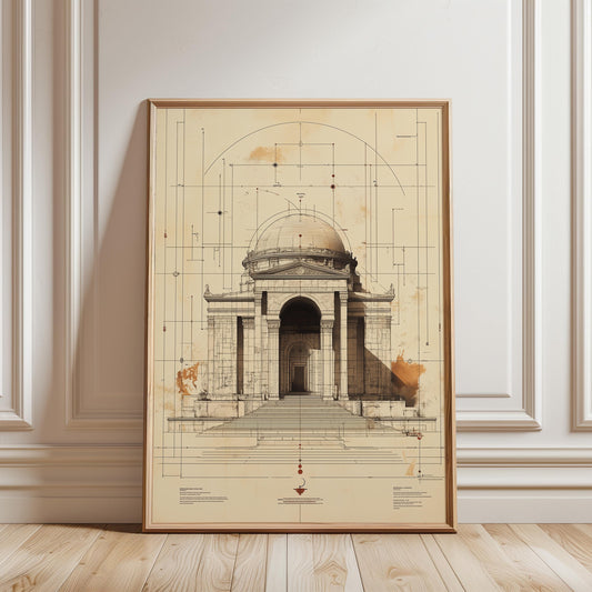 Neoclassical Dome Art – Architectural Print on Fine Art Paper, Sepia Design