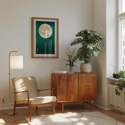 Japanese Moon Art Print – Teal Wall Art with Minimalist Bird Silhouette