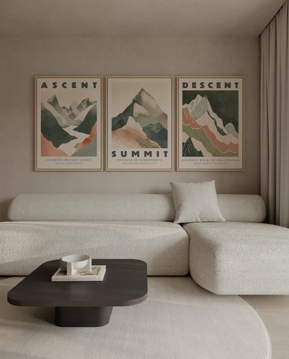 Ascent Summit Descent Canvas Wall Art Set of 3 Mountain Posters Adventure Inspired Nature Prints for Living Room or Office Decor