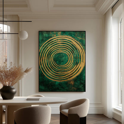 Emerald Gold Spiral Canvas Art, Abstract Textured Painting, Modern Giclée Wall Art for Living Room or Office, Luxury Home Decor