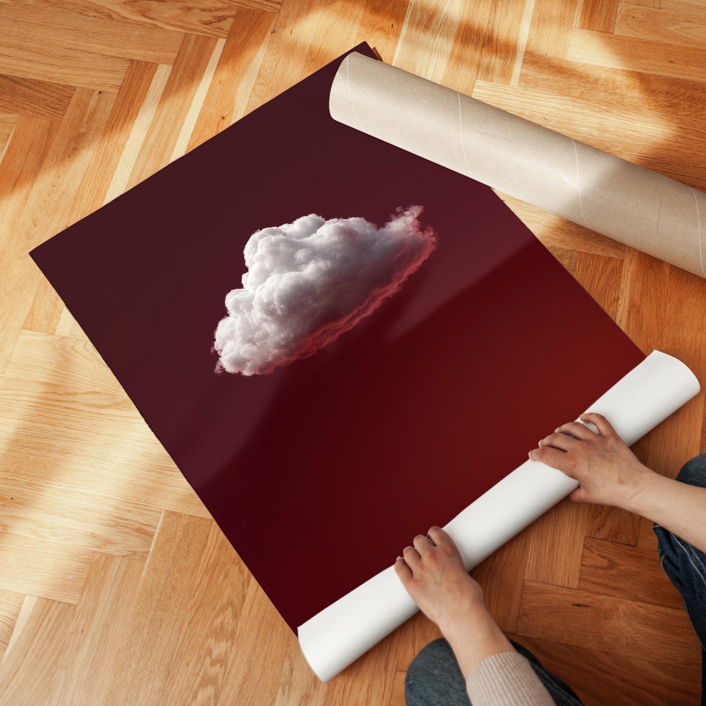 Minimalist Sky Wall Decor – Deep Red Cloud Art Print on Gallery Style Canvas