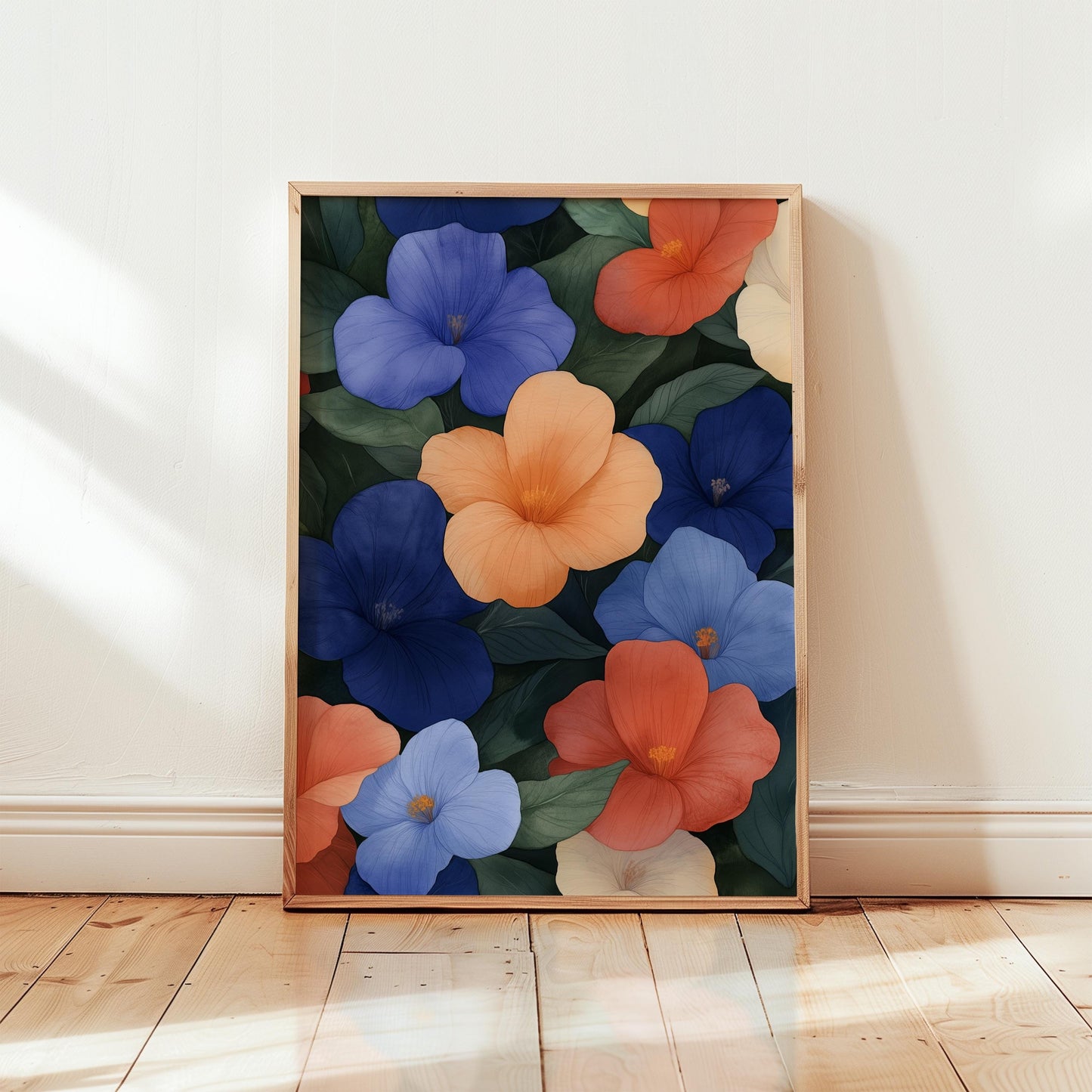 Botanical Wall Art – Tropical Floral Print With Blue Coral Hibiscus Flowers