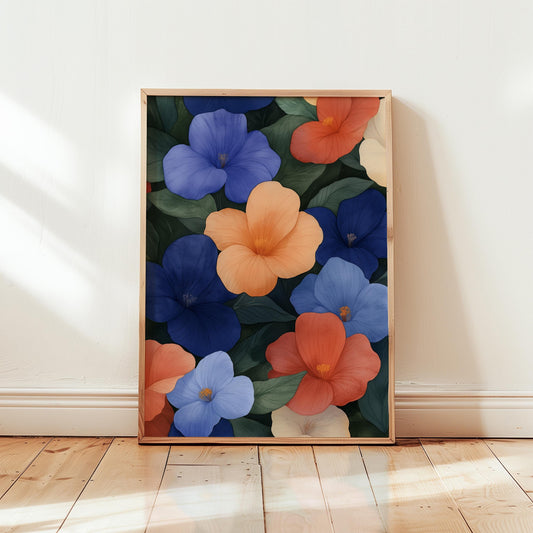 Botanical Wall Art – Tropical Floral Print With Blue Coral Hibiscus Flowers
