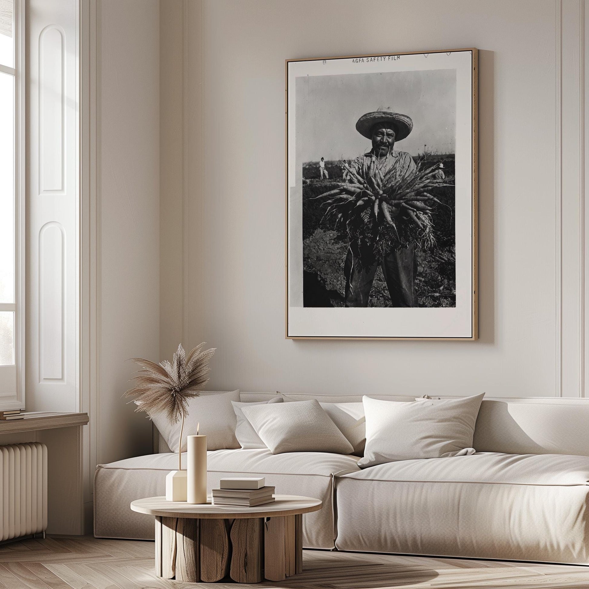 Vintage Black and White Photography Print Farmer with Carrots Rustic Farmhouse Wall Art Large Canvas for Kitchen or Dining Room