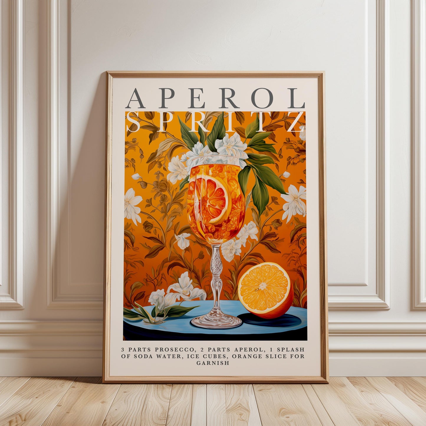 The image is a framed poster advertising Aperol Spritz, featuring a glass of orange drink surrounded by flowers and an orange slice.