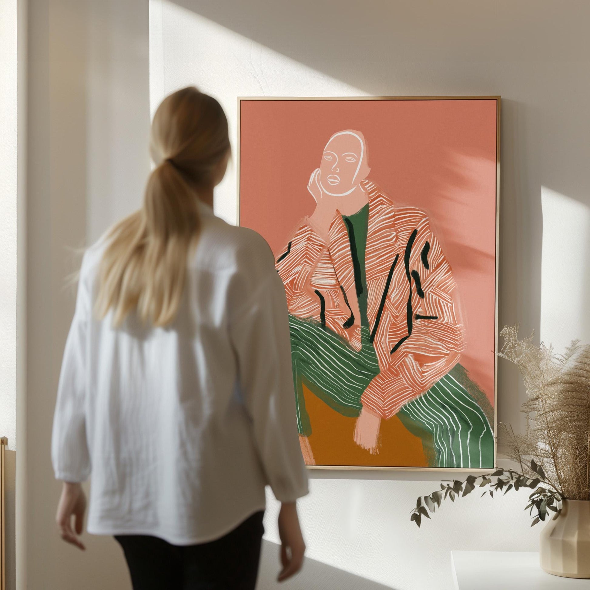 Modern Figurative Canvas Set of 3 Abstract Portrait Prints in Orange and Green Mid Century Style Wall Art for Living Room or Bedroom