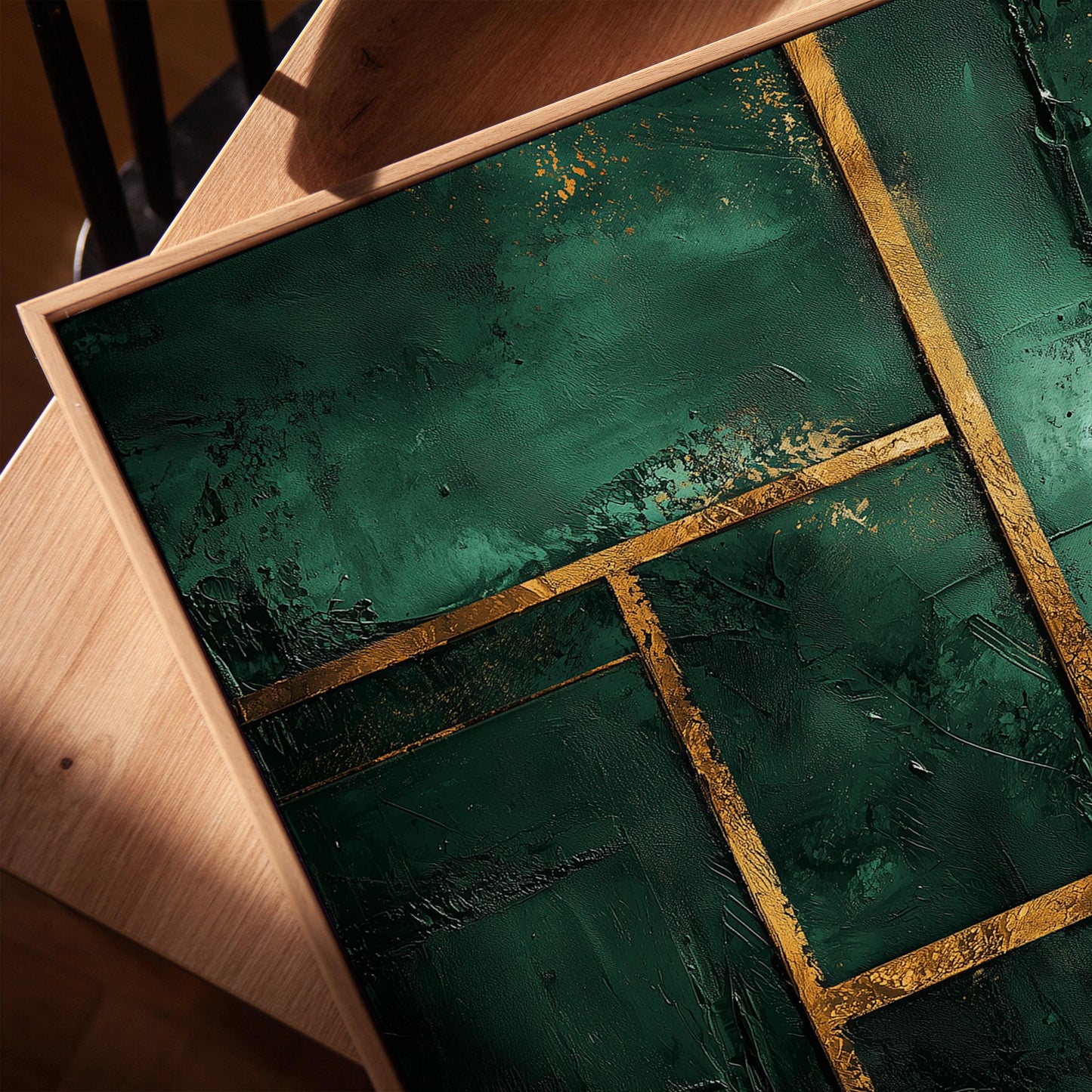 Emerald Green and Gold Geometric Giclée Canvas Print, Modern Abstract Textured Wall Art for Living Room or Office