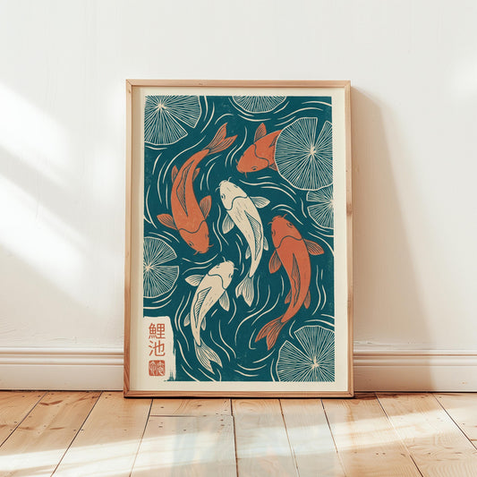 Koi Fish Art Print – Japanese Woodblock Print with Teal Orange Artwork