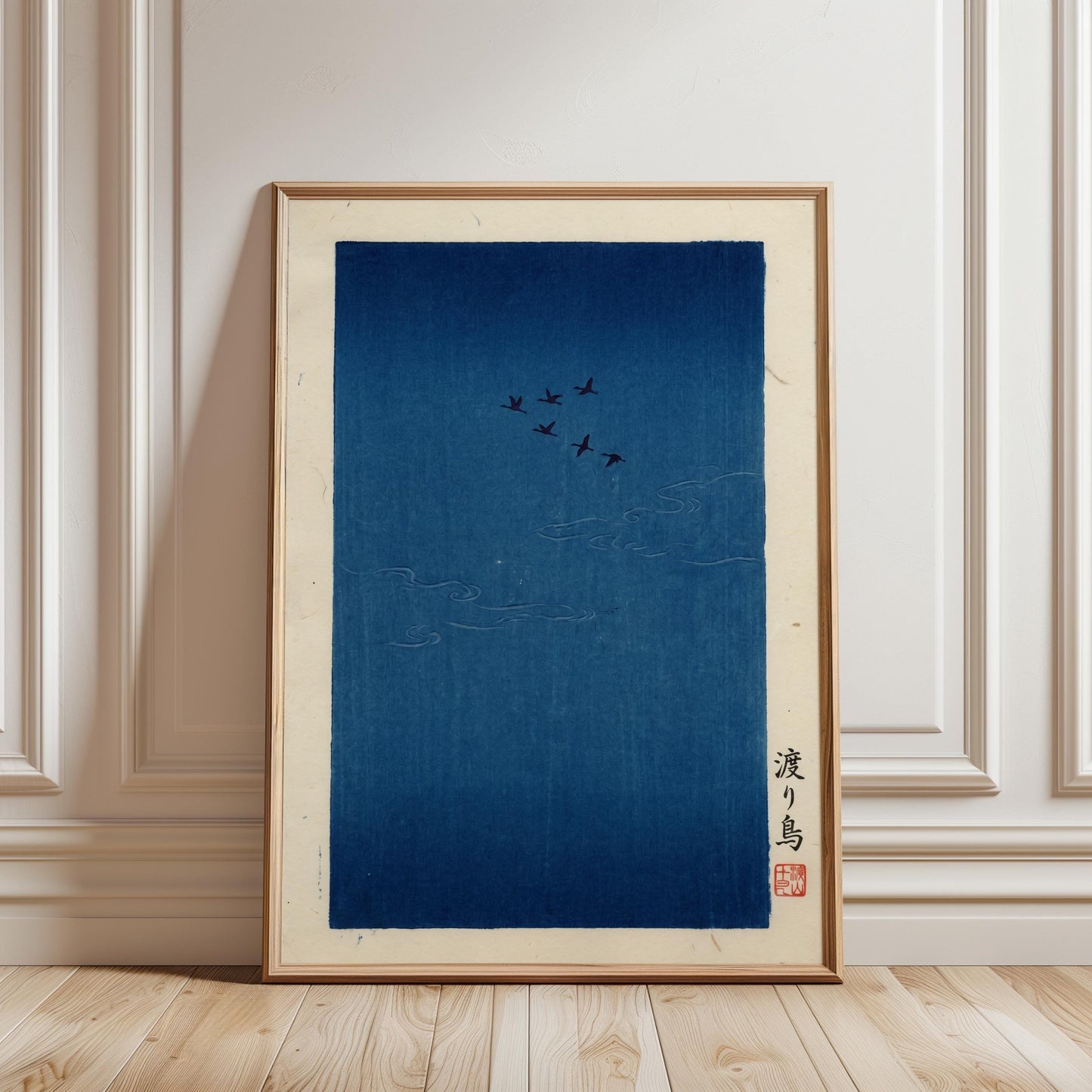 Japanese Bird Art Print – Minimalist Blue Sky Poster With Migrating Flock Design