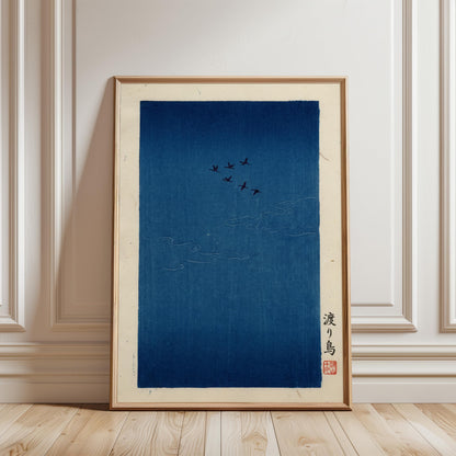 Japanese Bird Art Print – Minimalist Blue Sky Poster With Migrating Flock Design
