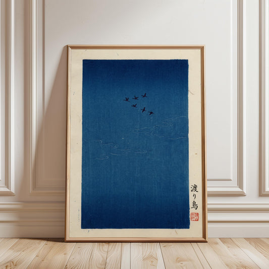 Japanese Bird Art Print – Minimalist Blue Sky Poster With Migrating Flock Design