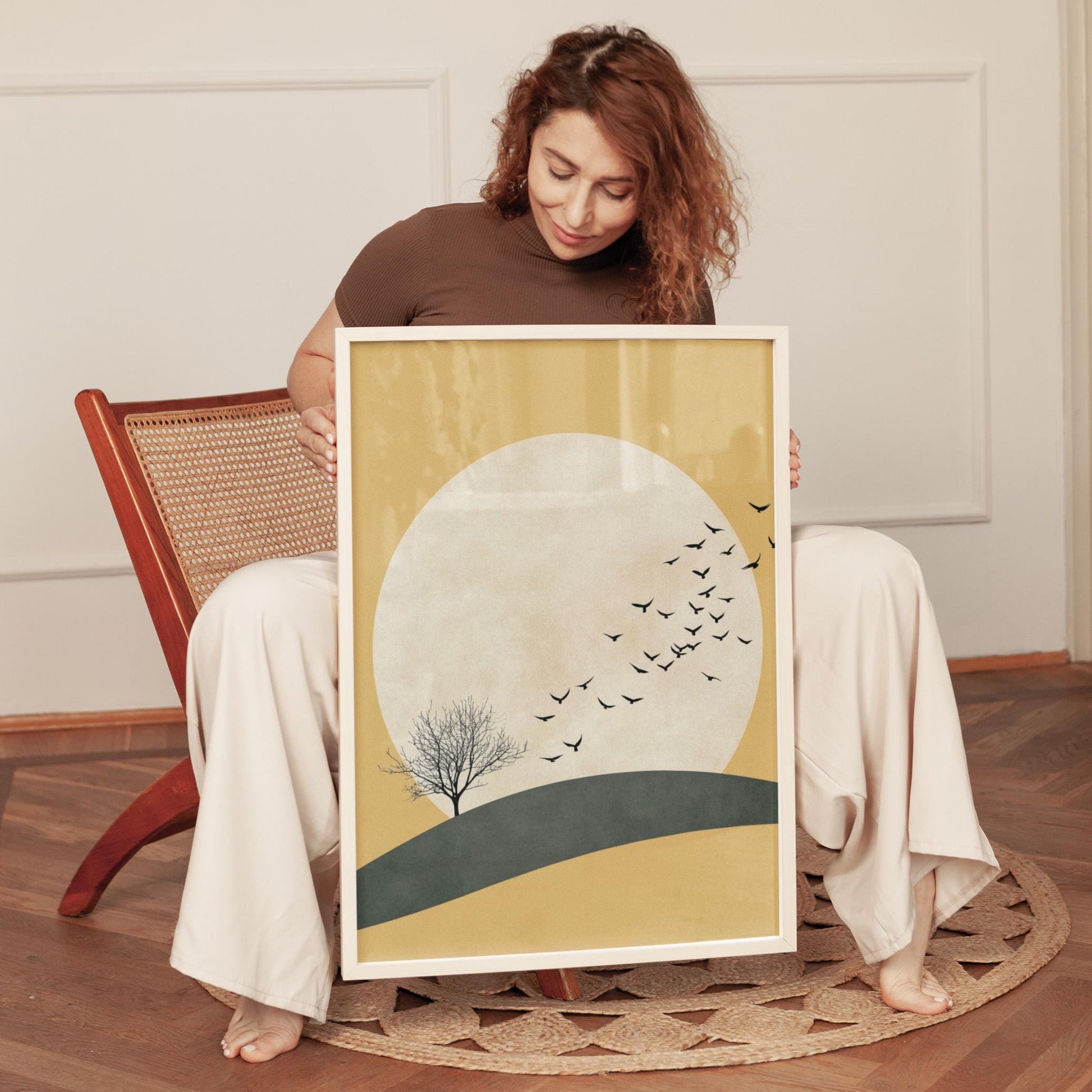 Yellow Sun Japandi Art Print, Flying Birds Wall Art, Abstract Art, Living Room Decor, Large, Japanese Wall Art, Flock, Bedroom Decor