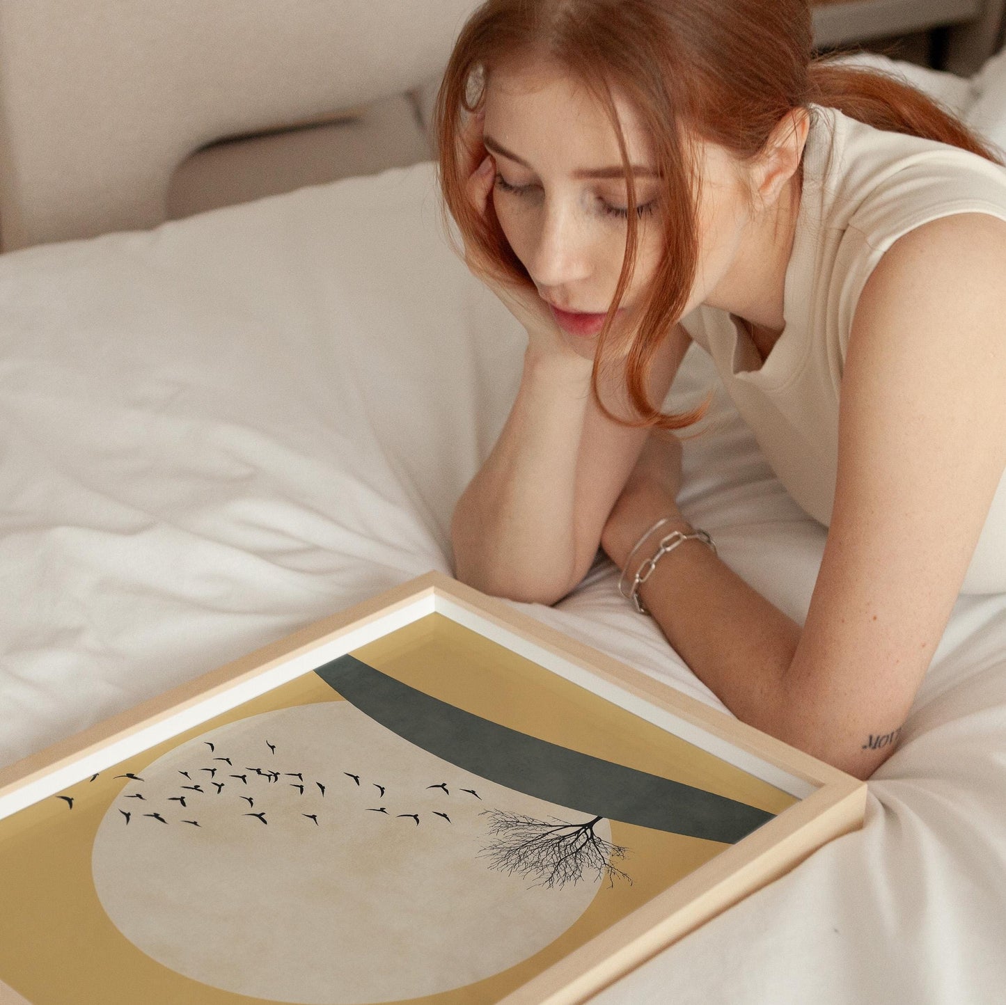 Japandi Wall Art | Yellow Sun Artwork With Flying Birds Canvas - Minimalist Decor