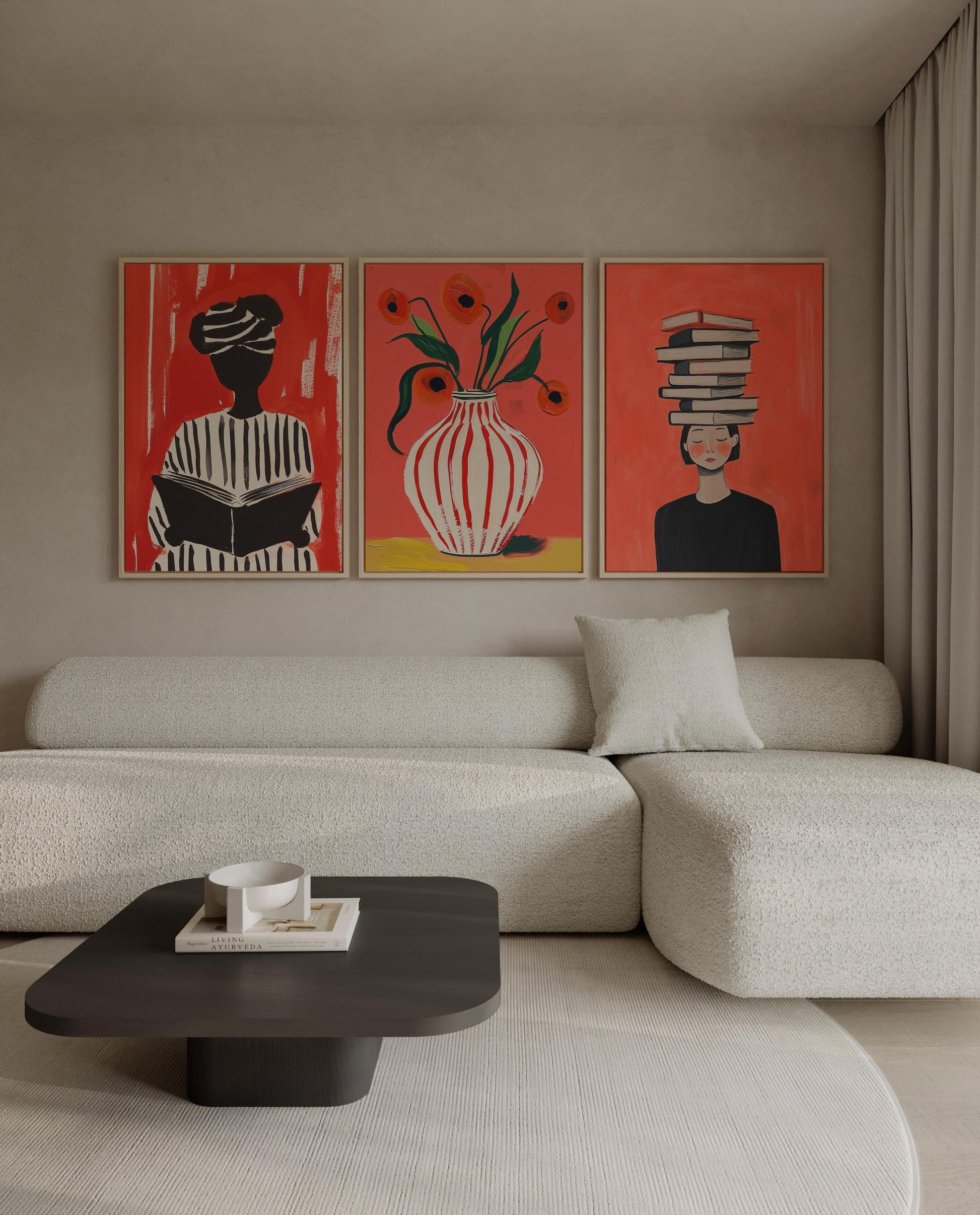 Red Book Lover Woman Canvas Print Set: Modern Abstract Figurative Art