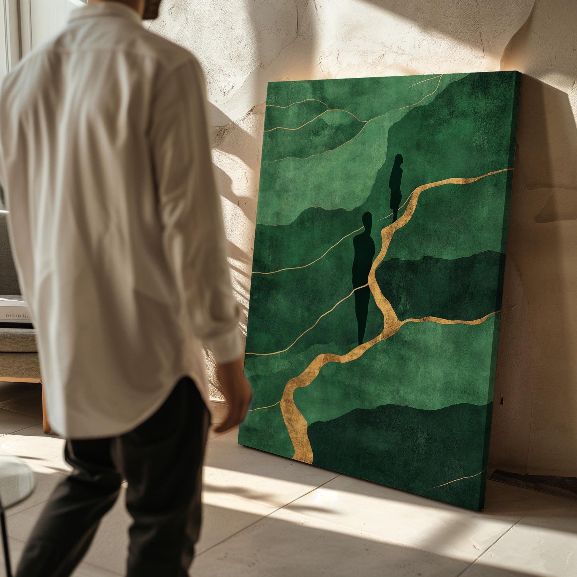 Emerald Green and Gold Canvas Wall Art with Silhouette Figures, Large Framed Painting for Living Room or Office Wall Decor