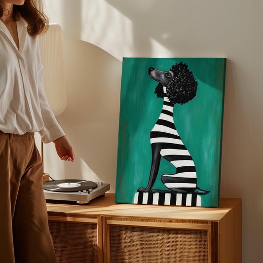 Animal Canvas Wall Art Black Poodle Dog in Striped Outfit on Green Background Framed Painting