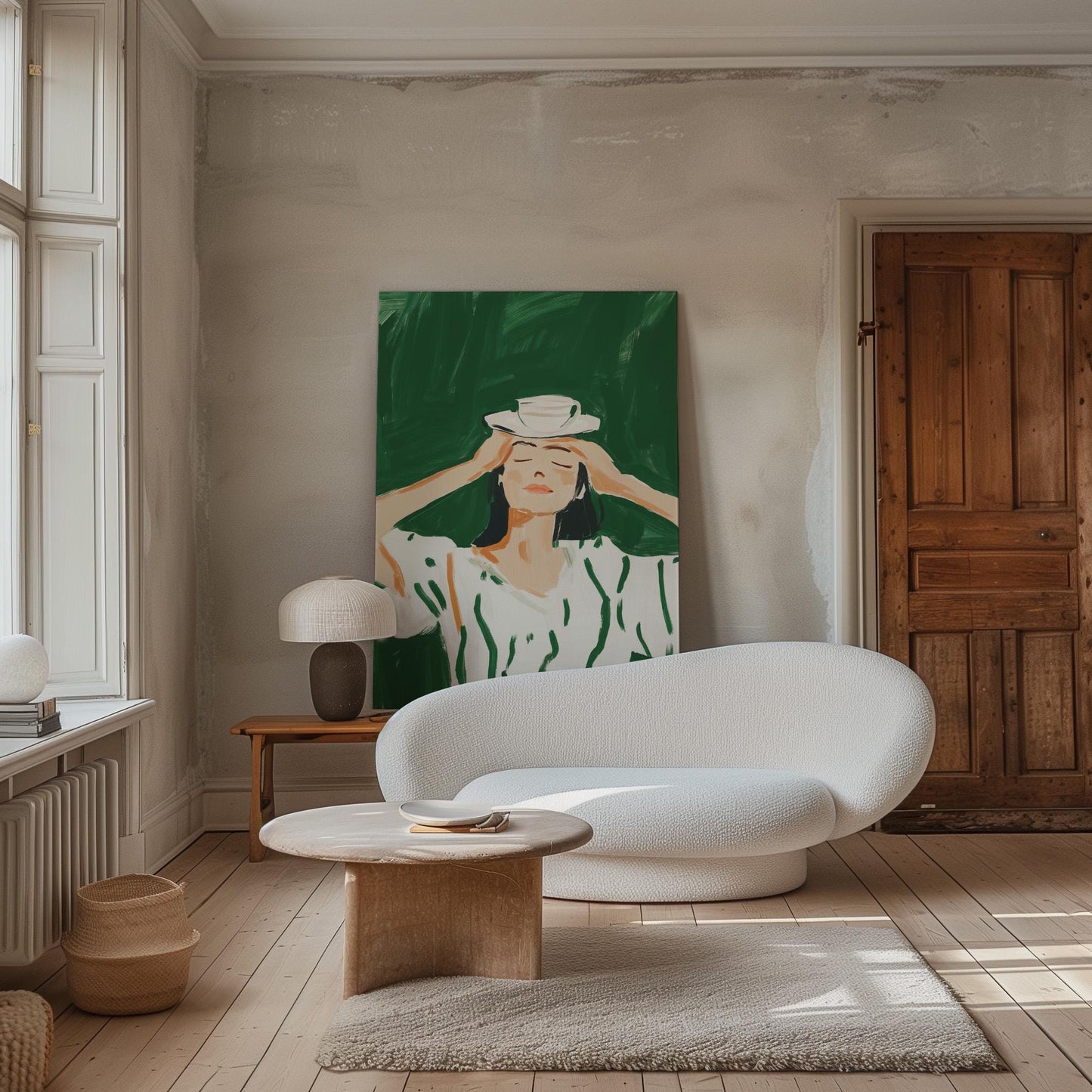 Figurative Canvas Wall Art Woman Balancing Teacup on Head in White and Green Dress Framed Print