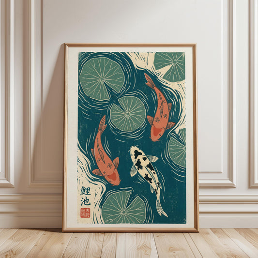Koi Fish Print Japanese Art Linocut Wall Art – Lotus Leaf Decor in Teal