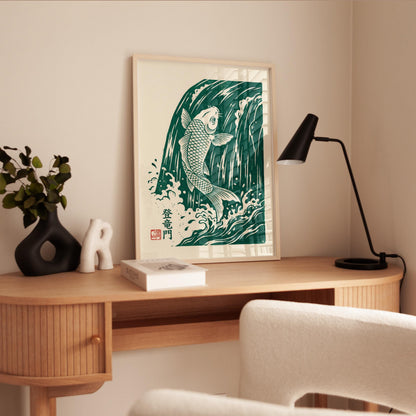 Japanese Koi Fish Print - Linocut Wall Art With Emerald Green Waves & Kanji
