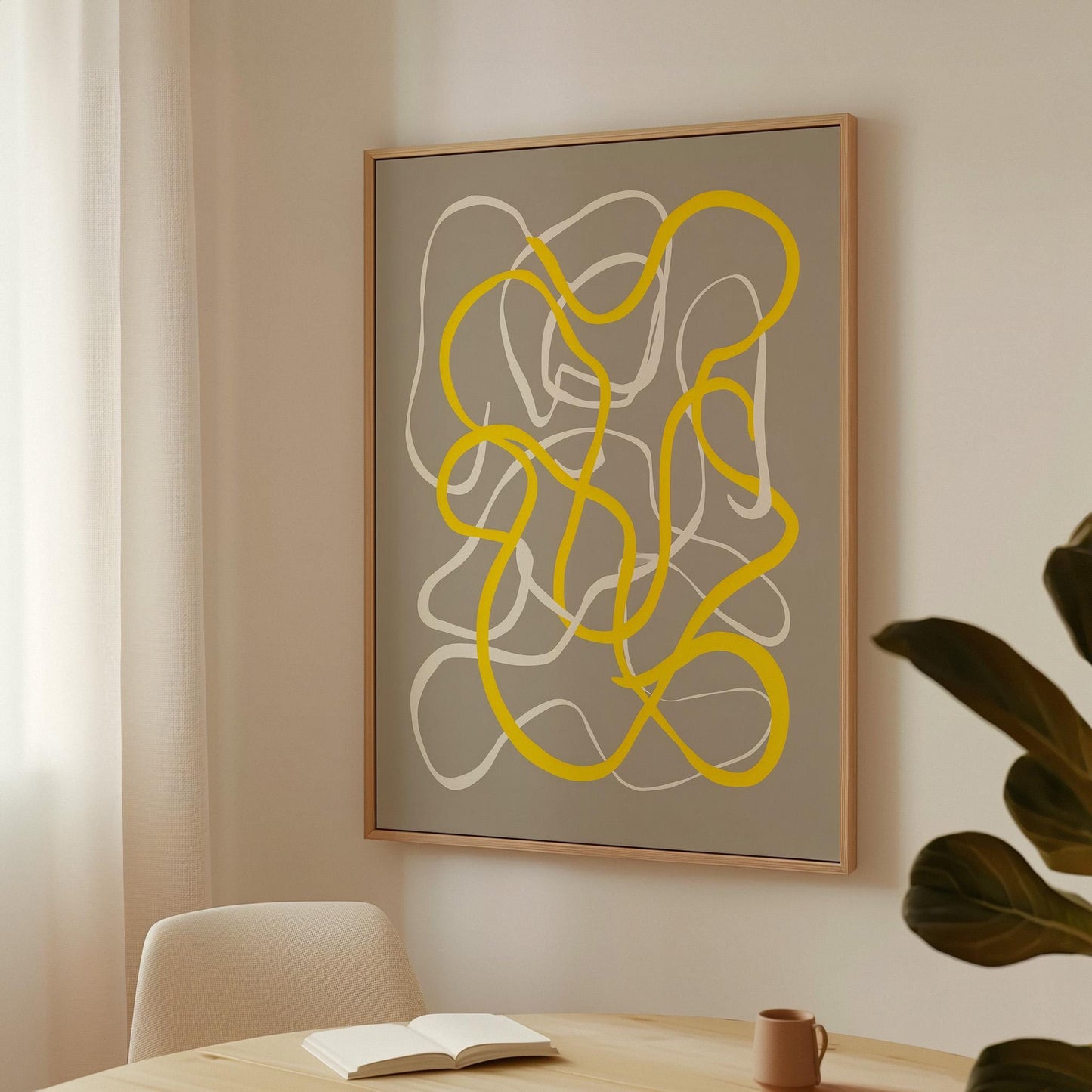 Yellow Abstract Line Giclée Canvas Print Modern Minimal Wall Art for Dining Room or Creative Studio