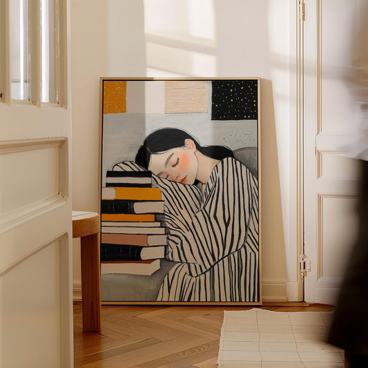 Book Lover Wall Art Modern Canvas Print Cozy Reading Girl Illustration Large Bedroom or Study Room Decor Gift for Readers